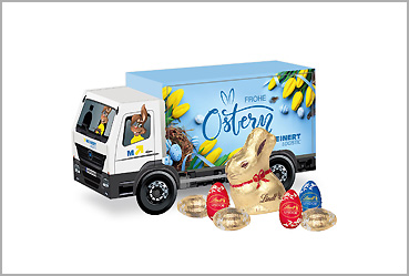 Goy Werbemittel-Agentur - Ostern - LKW mit Lindt Goldhase und Schoko-Eiern